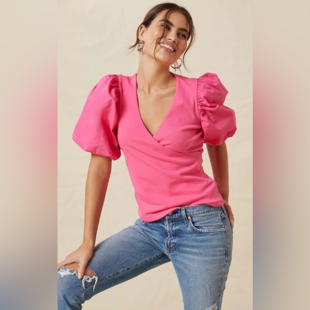 Anthropologie/Maeve Bright Pink Puff Sleeve Blouse